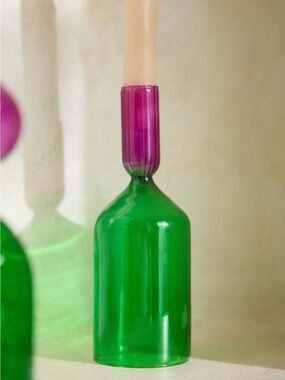 Anthropologie terrain Colorblocked Glass Taper Holder, Green & Fuchsia